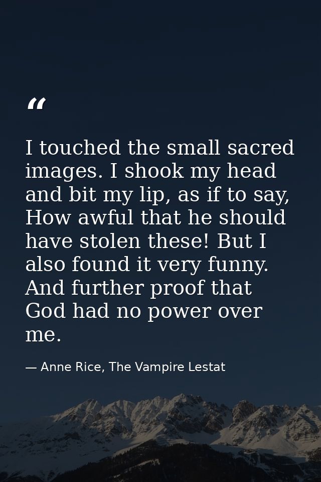 I touched the small sacred images. I shook my head and bit my lip, as if to say, How awful that he should have stolen th — Anne Rice, The Vampire Lestat