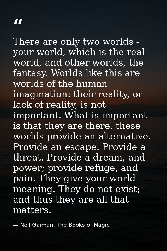 There are only two worlds - your world, which is the real world, and other worlds, the fantasy. Worlds like this are wor — Neil Gaiman, The Books of Magic