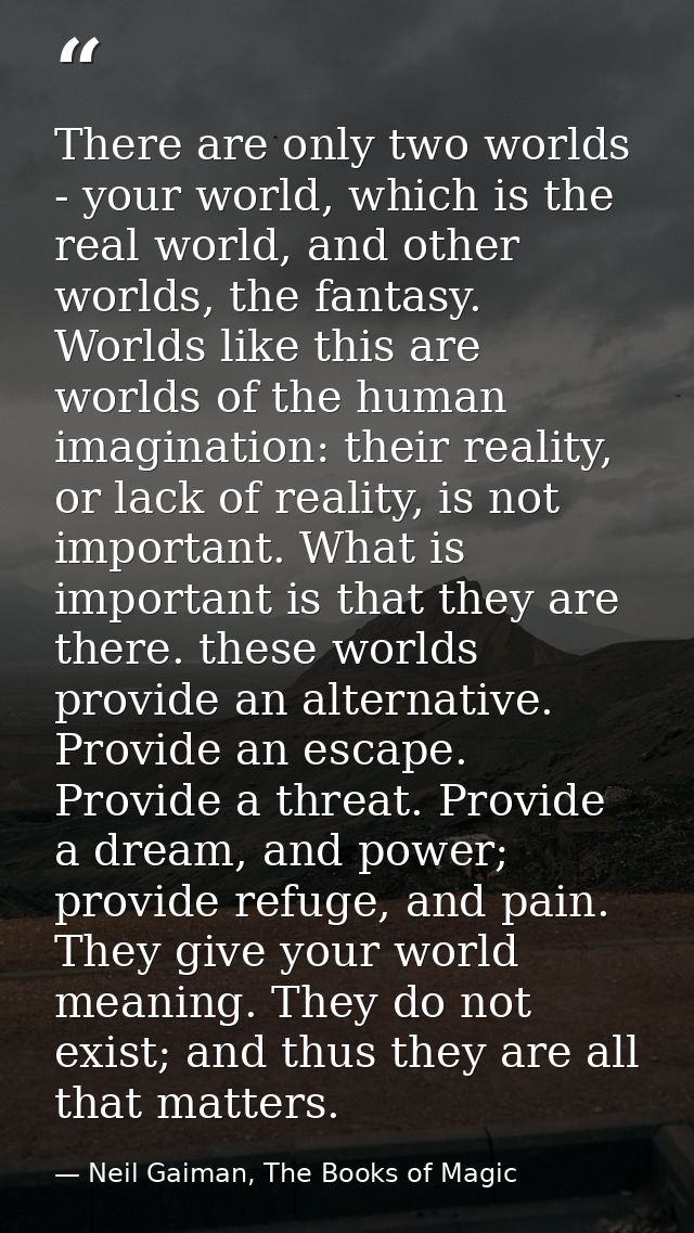 There are only two worlds - your world, which is the real world, and other worlds, the fantasy. Worlds like this are wor — Neil Gaiman, The Books of Magic