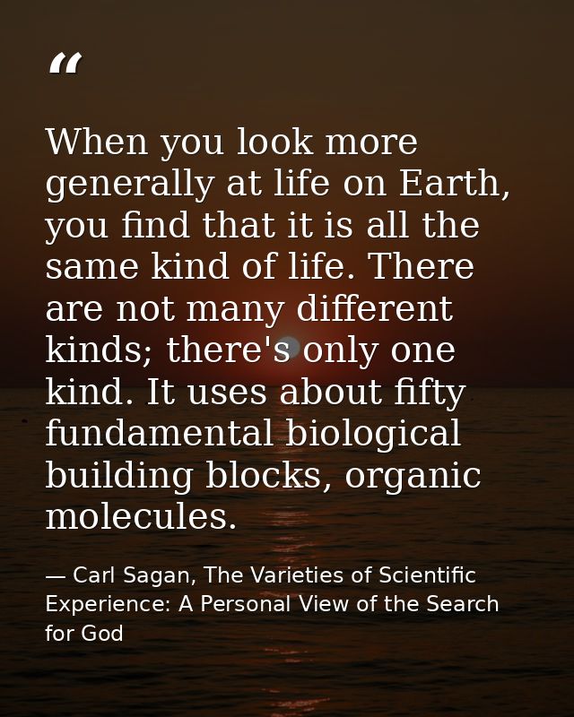 When you look more generally at life on Earth, you find that it is all the same kind of life. There are not many differe — Carl Sagan, The Varieties of Scientific Experience: A Personal View of the Search for God