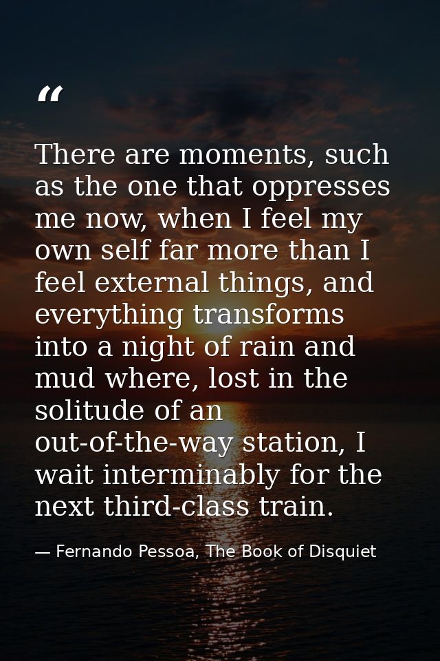There are moments, such as the one that oppresses me now, when I feel my own self far more than I feel external things,  — Fernando Pessoa, The Book of Disquiet