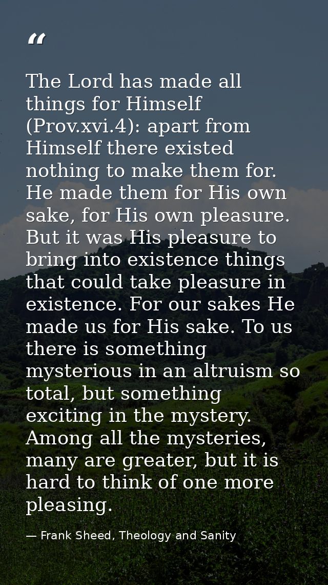 The Lord has made all things for Himself (Prov.xvi.4): apart from Himself there existed nothing to make them for. He mad — Frank Sheed, Theology and Sanity