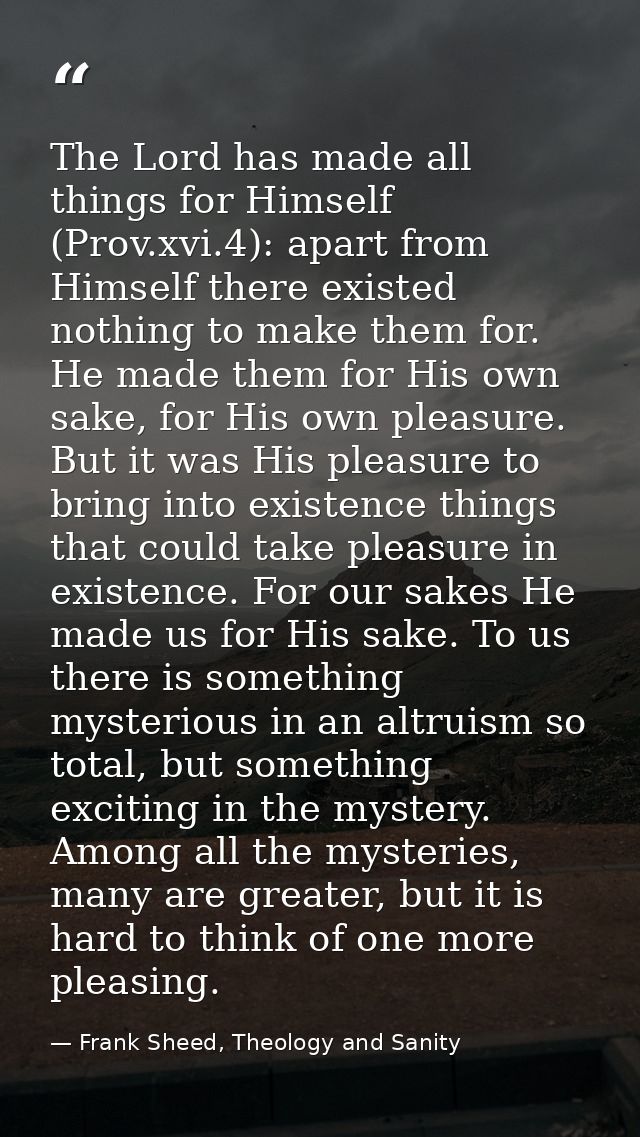 The Lord has made all things for Himself (Prov.xvi.4): apart from Himself there existed nothing to make them for. He mad — Frank Sheed, Theology and Sanity