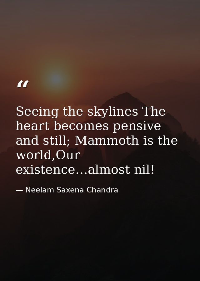 Seeing the skylines The heart becomes pensive and still; Mammoth is the world,Our existence…almost nil! — Neelam Saxena Chandra