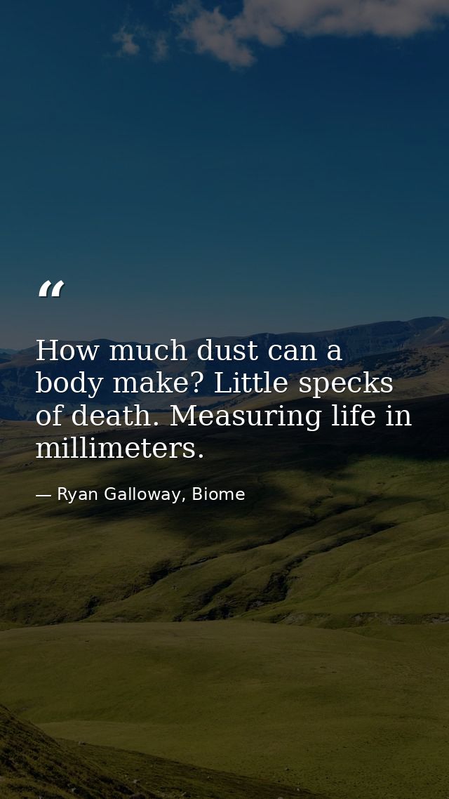 How much dust can a body make? Little specks of death. Measuring life in millimeters. — Ryan Galloway, Biome