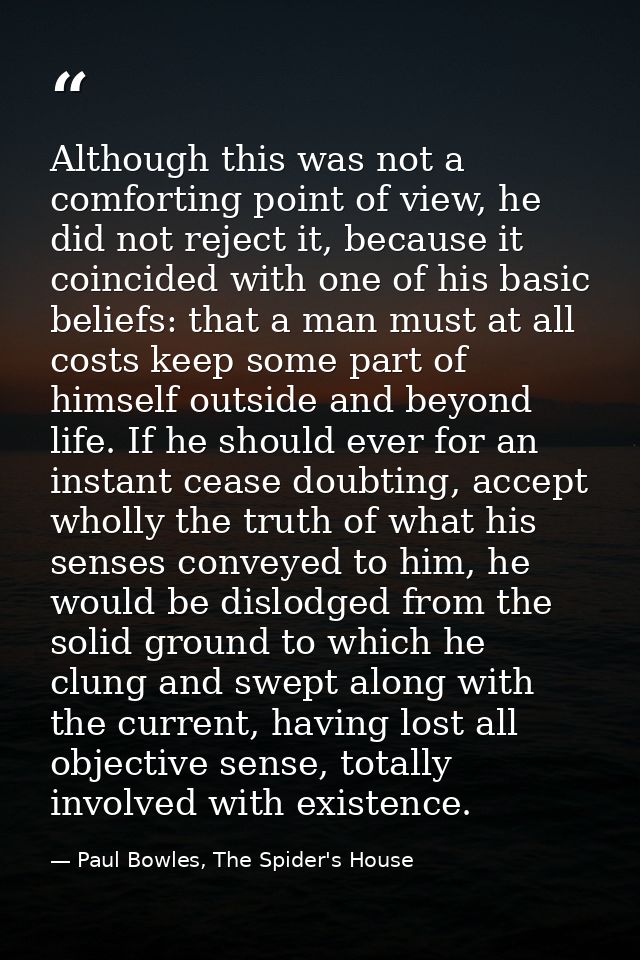 Although this was not a comforting point of view, he did not reject it, because it coincided with one of his basic belie — Paul Bowles, The Spider's House