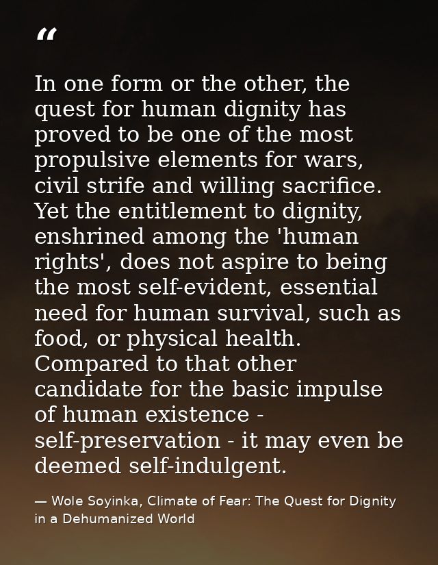 In one form or the other, the quest for human dignity has proved to be one of the most propulsive elements for wars, civ — Wole Soyinka, Climate of Fear: The Quest for Dignity in a Dehumanized World