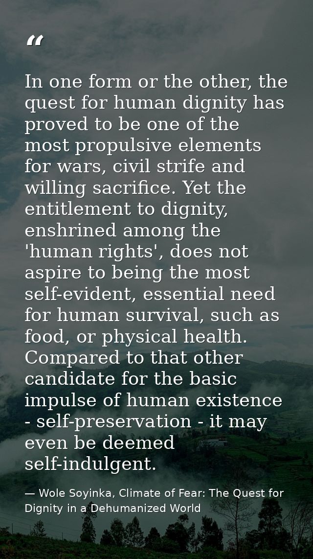 In one form or the other, the quest for human dignity has proved to be one of the most propulsive elements for wars, civ — Wole Soyinka, Climate of Fear: The Quest for Dignity in a Dehumanized World