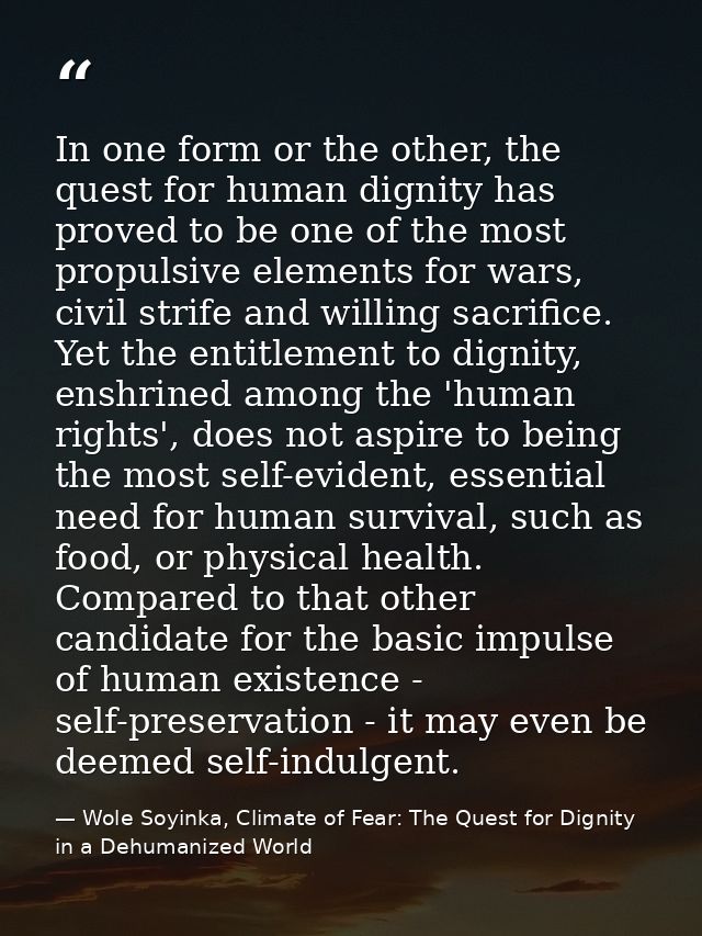 In one form or the other, the quest for human dignity has proved to be one of the most propulsive elements for wars, civ — Wole Soyinka, Climate of Fear: The Quest for Dignity in a Dehumanized World