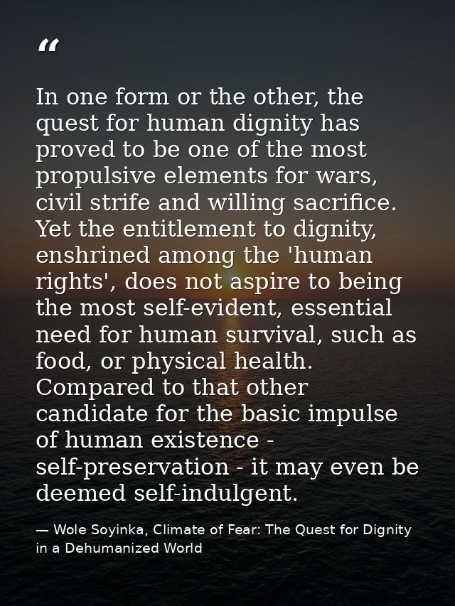 In one form or the other, the quest for human dignity has proved to be one of the most propulsive elements for wars, civ — Wole Soyinka, Climate of Fear: The Quest for Dignity in a Dehumanized World