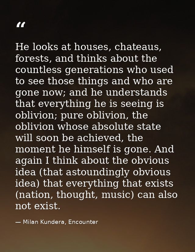 He looks at houses, chateaus, forests, and thinks about the countless generations who used to see those things and who a — Milan Kundera, Encounter
