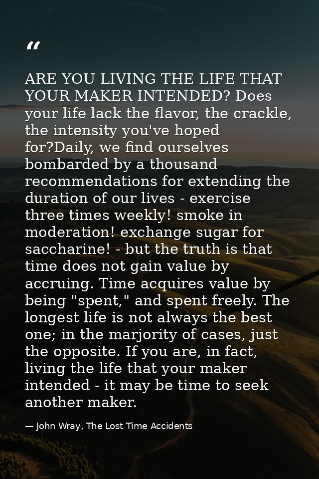 ARE YOU LIVING THE LIFE THAT YOUR MAKER INTENDED? Does your life lack the flavor, the crackle, the intensity you've hope — John Wray, The Lost Time Accidents