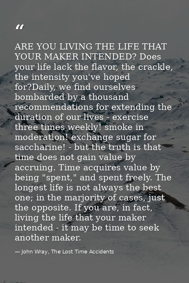ARE YOU LIVING THE LIFE THAT YOUR MAKER INTENDED? Does your life lack the flavor, the crackle, the intensity you've hope — John Wray, The Lost Time Accidents