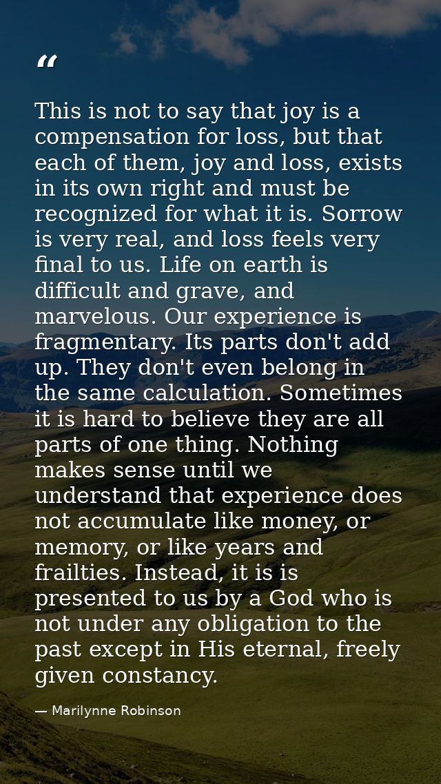 This is not to say that joy is a compensation for loss, but that each of them, joy and loss, exists in its own right and — Marilynne Robinson