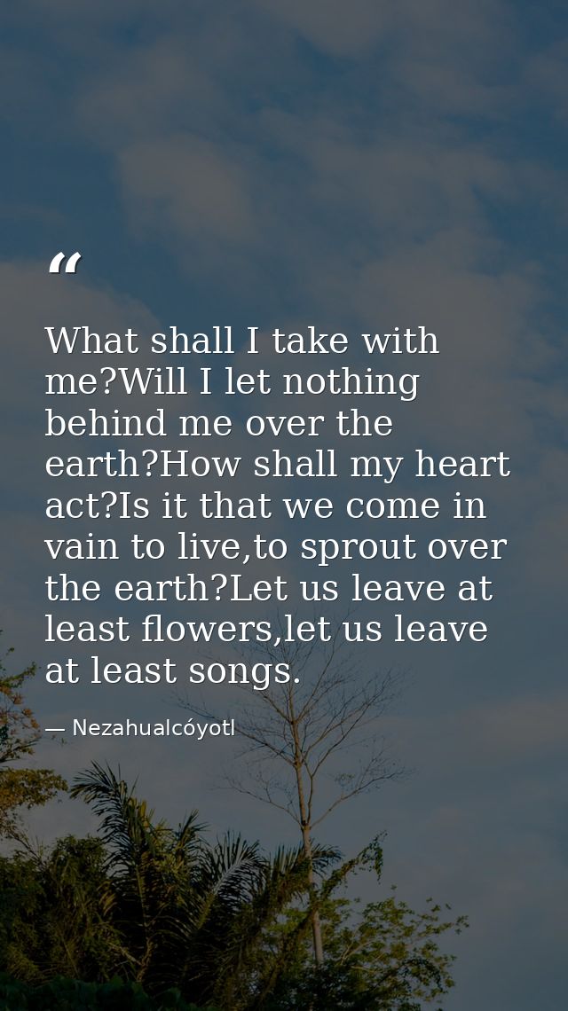 What shall I take with me?Will I let nothing behind me over the earth?How shall my heart act?Is it that we come in vain  — Nezahualcóyotl