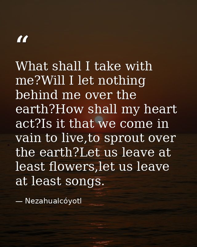 What shall I take with me?Will I let nothing behind me over the earth?How shall my heart act?Is it that we come in vain  — Nezahualcóyotl