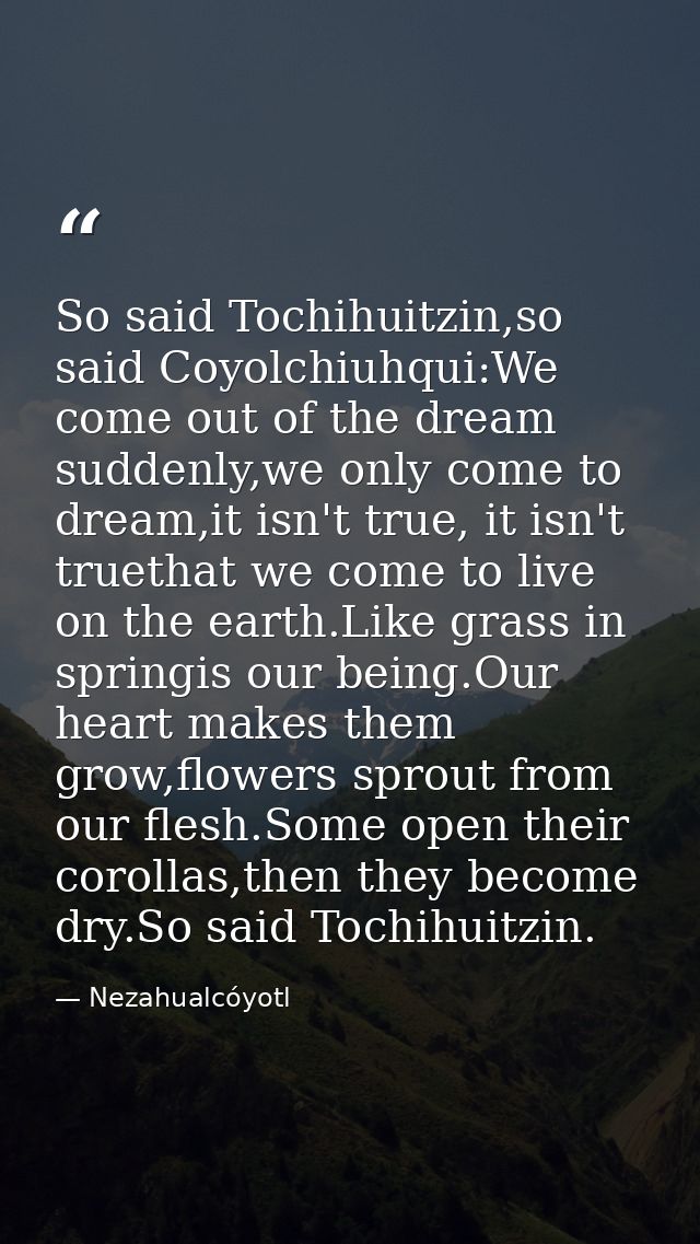 So said Tochihuitzin,so said Coyolchiuhqui:We come out of the dream suddenly,we only come to dream,it isn't true, it isn — Nezahualcóyotl