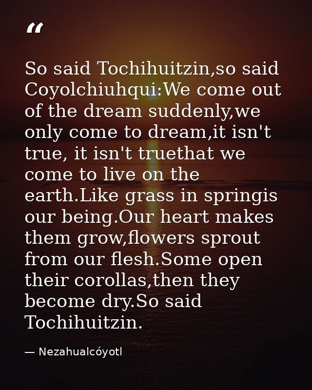 So said Tochihuitzin,so said Coyolchiuhqui:We come out of the dream suddenly,we only come to dream,it isn't true, it isn — Nezahualcóyotl