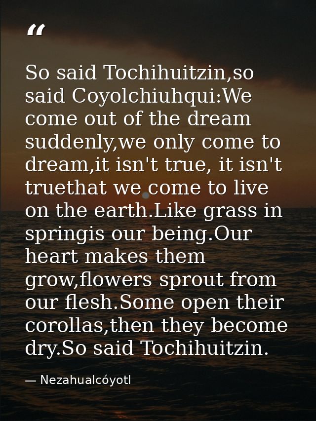 So said Tochihuitzin,so said Coyolchiuhqui:We come out of the dream suddenly,we only come to dream,it isn't true, it isn — Nezahualcóyotl