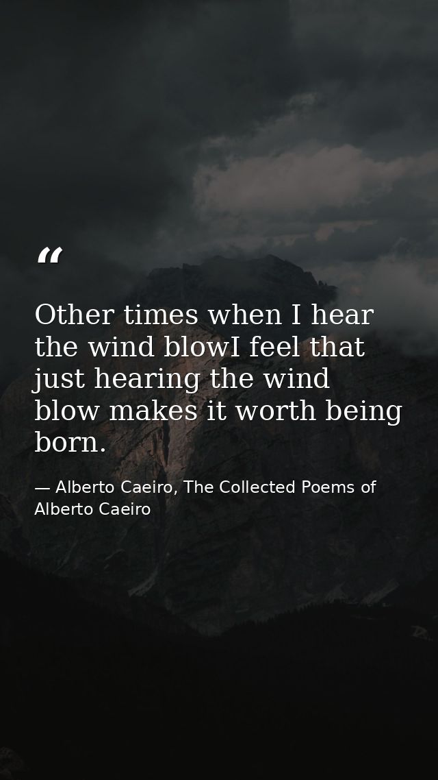 Other times when I hear the wind blowI feel that just hearing the wind blow makes it worth being born. — Alberto Caeiro, The Collected Poems of Alberto Caeiro