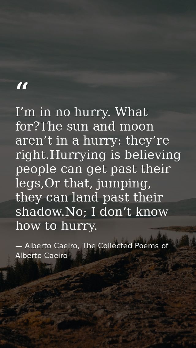 I’m in no hurry. What for?The sun and moon aren’t in a hurry: they’re right.Hurrying is believing people can get past th — Alberto Caeiro, The Collected Poems of Alberto Caeiro