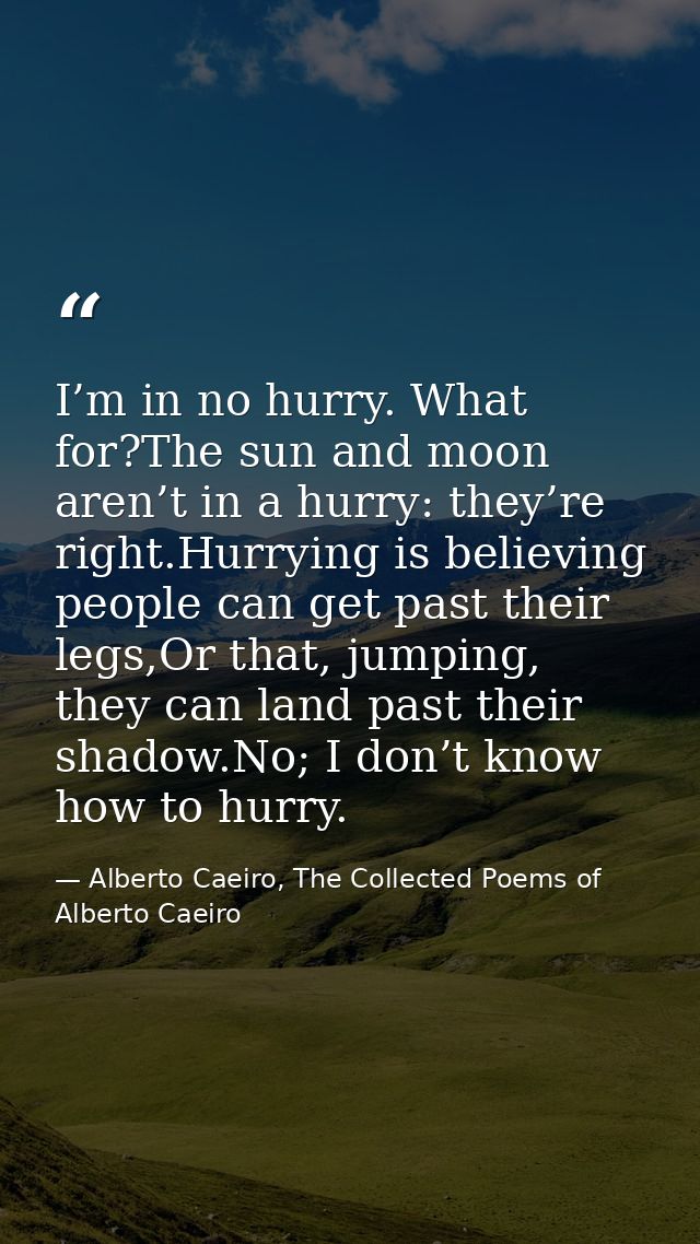 I’m in no hurry. What for?The sun and moon aren’t in a hurry: they’re right.Hurrying is believing people can get past th — Alberto Caeiro, The Collected Poems of Alberto Caeiro