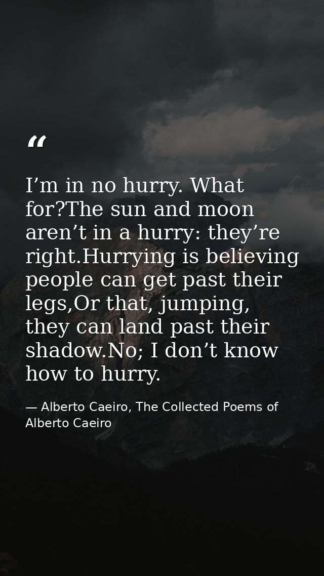 I’m in no hurry. What for?The sun and moon aren’t in a hurry: they’re right.Hurrying is believing people can get past th — Alberto Caeiro, The Collected Poems of Alberto Caeiro