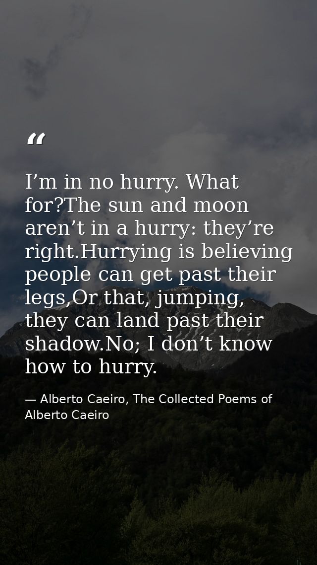 I’m in no hurry. What for?The sun and moon aren’t in a hurry: they’re right.Hurrying is believing people can get past th — Alberto Caeiro, The Collected Poems of Alberto Caeiro