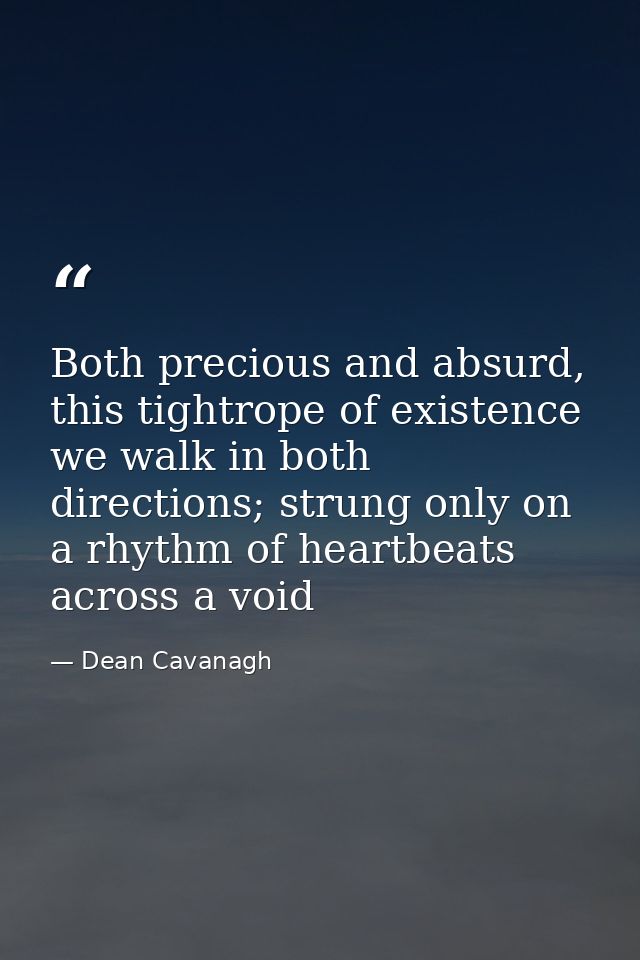 Both precious and absurd, this tightrope of existence we walk in both directions; strung only on a rhythm of heartbeats  — Dean Cavanagh