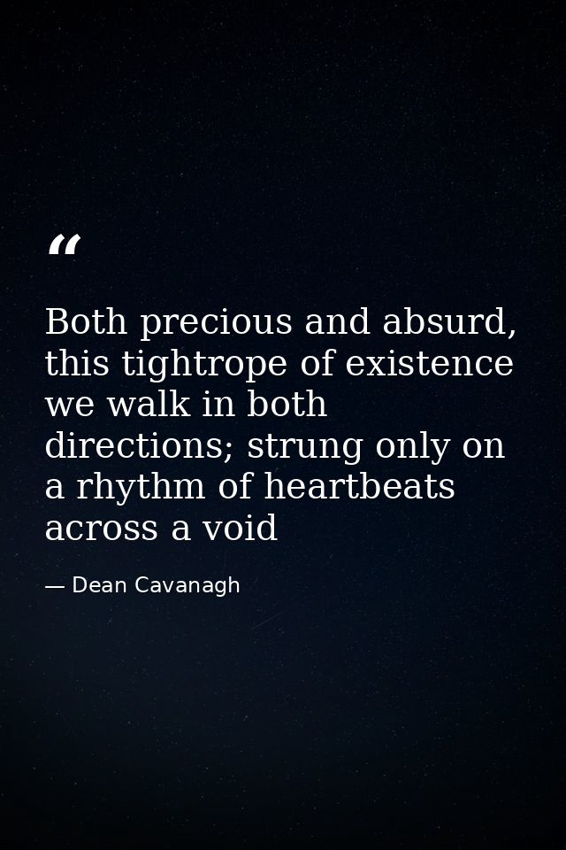 Both precious and absurd, this tightrope of existence we walk in both directions; strung only on a rhythm of heartbeats  — Dean Cavanagh
