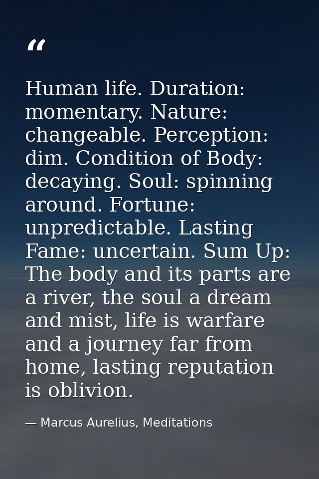 Human life. Duration: momentary. Nature: changeable. Perception: dim. Condition of Body: decaying. Soul: spinning around — Marcus Aurelius, Meditations