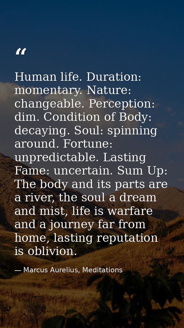 Human life. Duration: momentary. Nature: changeable. Perception: dim. Condition of Body: decaying. Soul: spinning around — Marcus Aurelius, Meditations