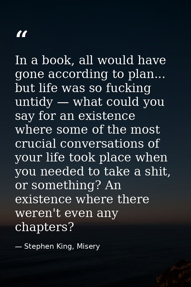 In a book, all would have gone according to plan... but life was so fucking untidy — what could you say for an existence — Stephen King, Misery