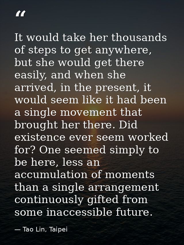 It would take her thousands of steps to get anywhere, but she would get there easily, and when she arrived, in the prese — Tao Lin, Taipei