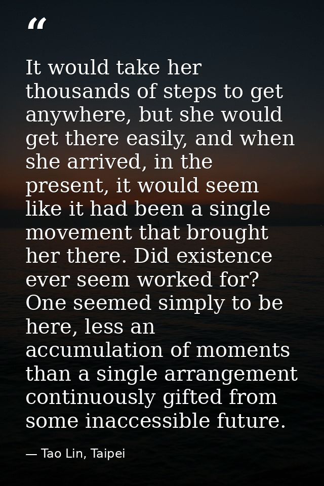 It would take her thousands of steps to get anywhere, but she would get there easily, and when she arrived, in the prese — Tao Lin, Taipei