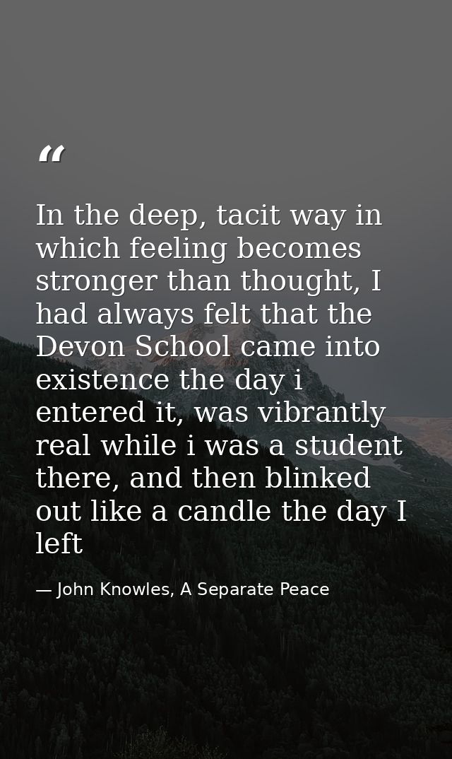 In the deep, tacit way in which feeling becomes stronger than thought, I had always felt that the Devon School came into — John Knowles, A Separate Peace