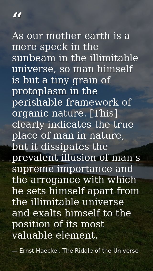 As our mother earth is a mere speck in the sunbeam in the illimitable universe, so man himself is but a tiny grain of pr — Ernst Haeckel, The Riddle of the Universe