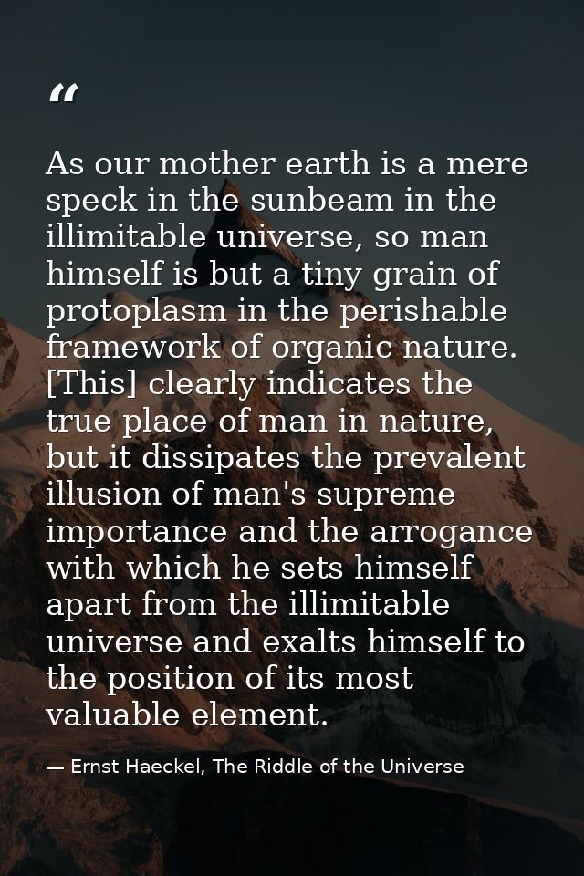 As our mother earth is a mere speck in the sunbeam in the illimitable universe, so man himself is but a tiny grain of pr — Ernst Haeckel, The Riddle of the Universe