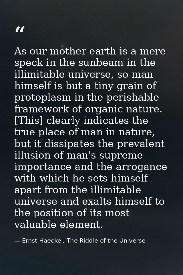 As our mother earth is a mere speck in the sunbeam in the illimitable universe, so man himself is but a tiny grain of pr — Ernst Haeckel, The Riddle of the Universe