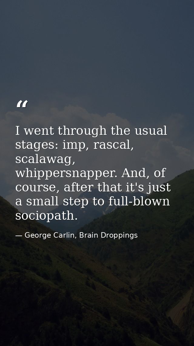 I went through the usual stages: imp, rascal, scalawag, whippersnapper. And, of course, after that it's just a small ste — George Carlin, Brain Droppings