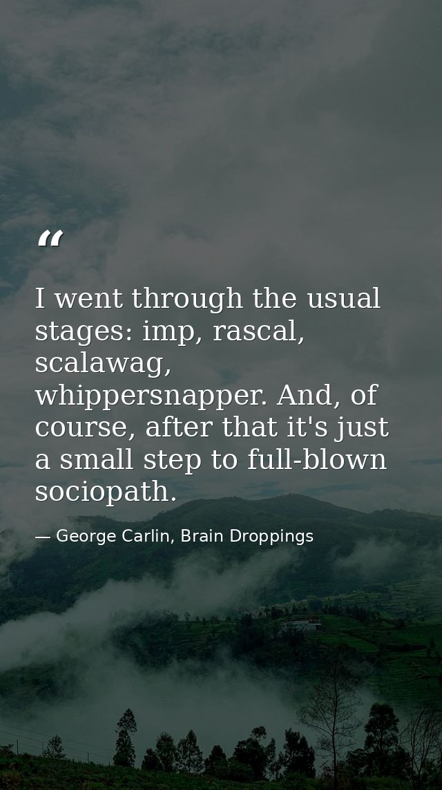 I went through the usual stages: imp, rascal, scalawag, whippersnapper. And, of course, after that it's just a small ste — George Carlin, Brain Droppings