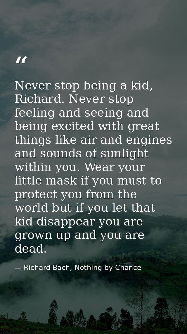 Never stop being a kid, Richard. Never stop feeling and seeing and being excited with great things like air and engines  — Richard Bach, Nothing by Chance