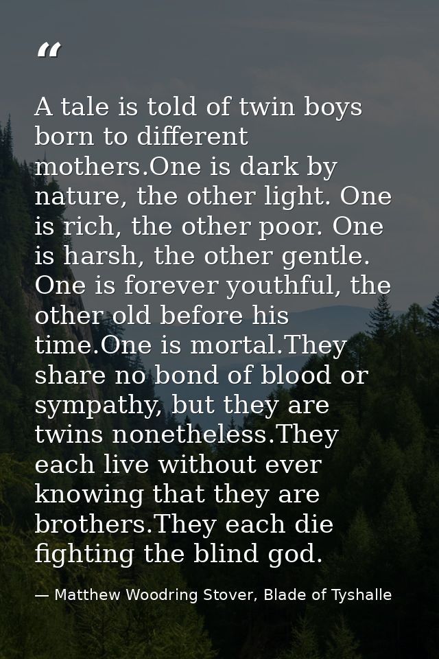 A tale is told of twin boys born to different mothers.One is dark by nature, the other light. One is rich, the other poo — Matthew Woodring Stover, Blade of Tyshalle