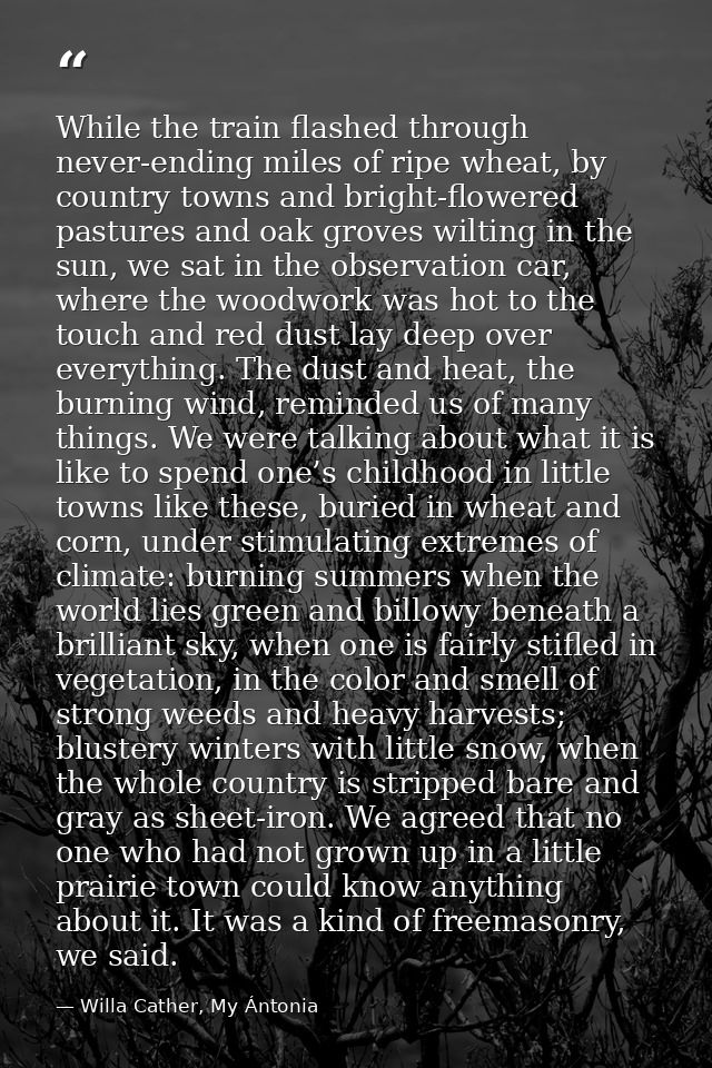 While the train flashed through never-ending miles of ripe wheat, by country towns and bright-flowered pastures and oak  — Willa Cather, My Ántonia
