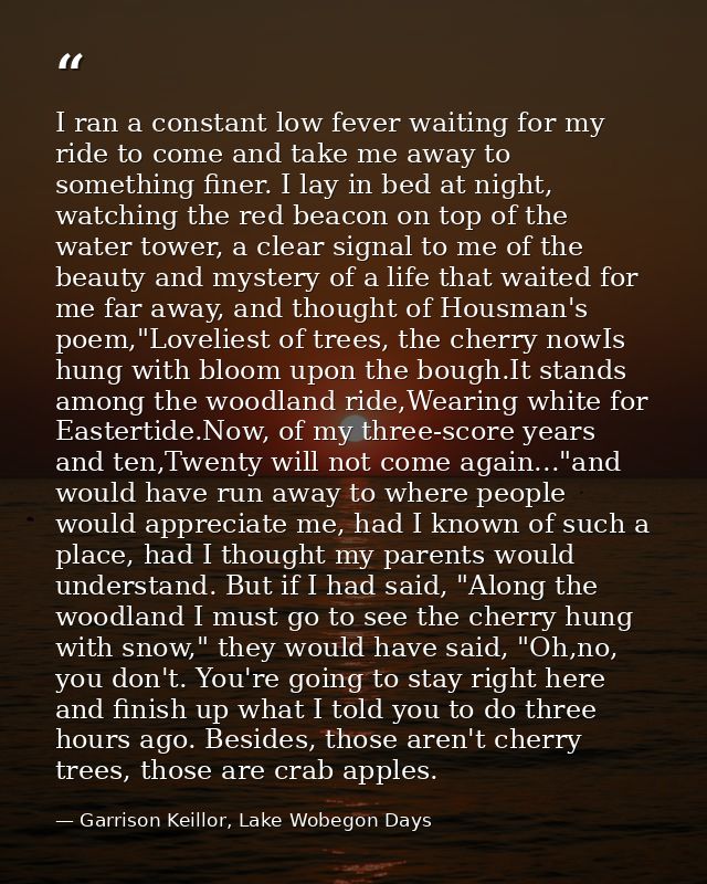 I ran a constant low fever waiting for my ride to come and take me away to something finer. I lay in bed at night, watch — Garrison Keillor, Lake Wobegon Days