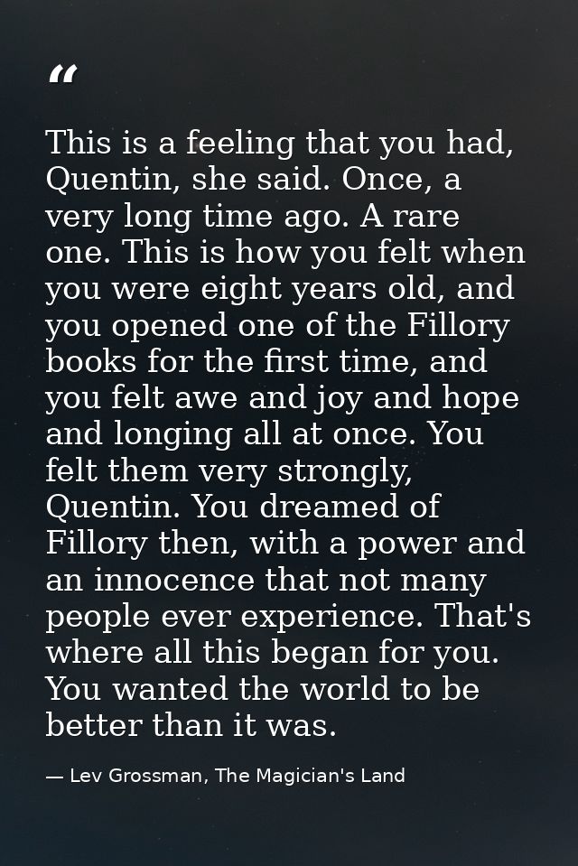 This is a feeling that you had, Quentin, she said. Once, a very long time ago. A rare one. This is how you felt when you — Lev Grossman, The Magician's Land