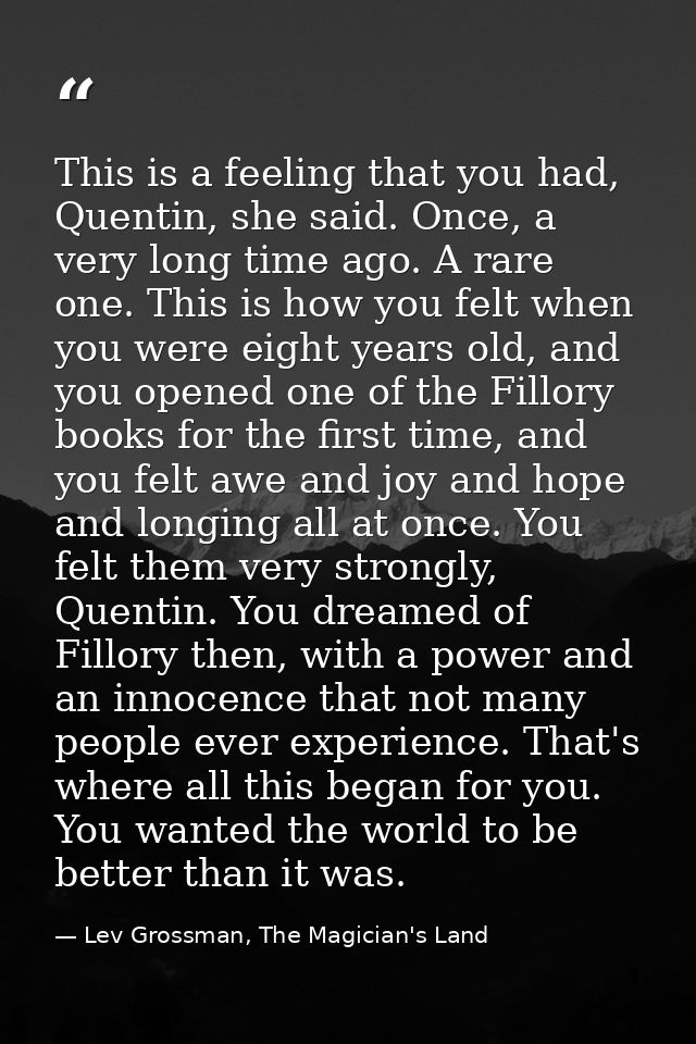 This is a feeling that you had, Quentin, she said. Once, a very long time ago. A rare one. This is how you felt when you — Lev Grossman, The Magician's Land