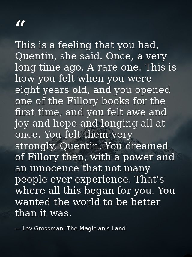 This is a feeling that you had, Quentin, she said. Once, a very long time ago. A rare one. This is how you felt when you — Lev Grossman, The Magician's Land