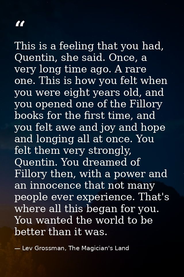 This is a feeling that you had, Quentin, she said. Once, a very long time ago. A rare one. This is how you felt when you — Lev Grossman, The Magician's Land