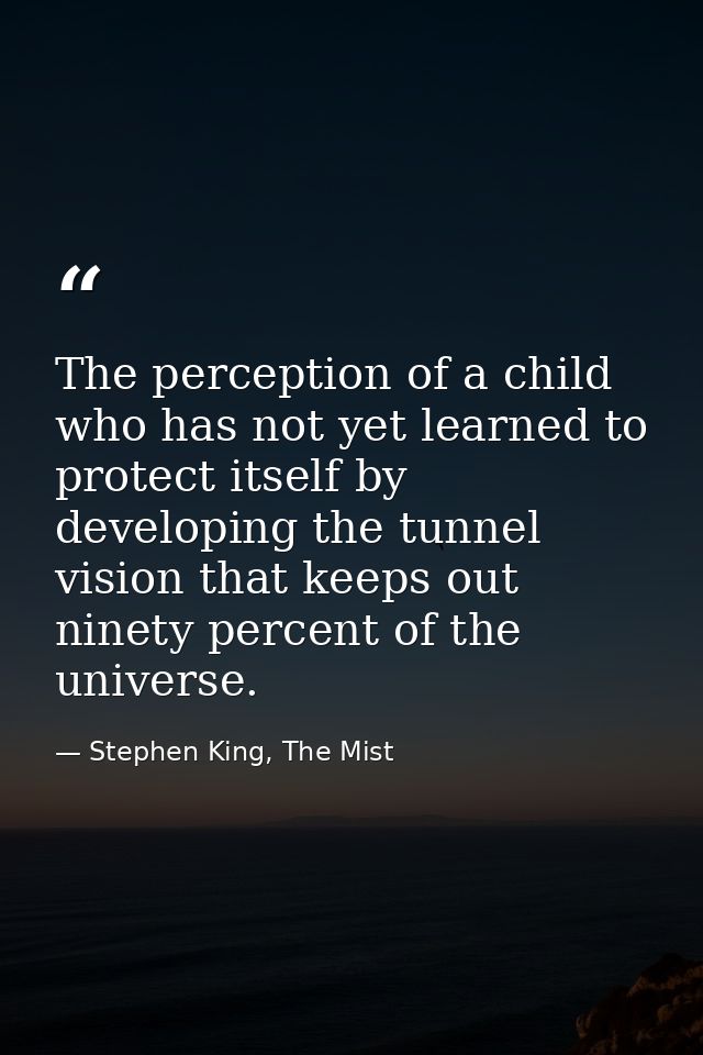 The perception of a child who has not yet learned to protect itself by developing the tunnel vision that keeps out ninet — Stephen King, The Mist